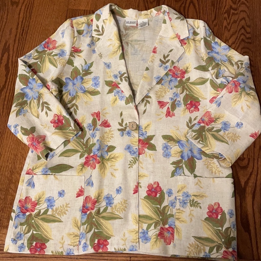 LIZ BAKER Vtg women’s linen floral blazer / jacket Lightweight pockets size 18